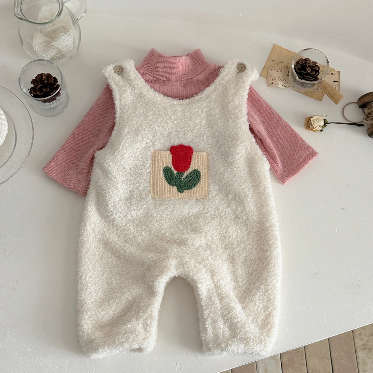 2Pcs Winter Herbst Kleinkind Baby Mädchen Kleidung Blume Bestickt Plüsch Strampler + Rosa Unten Hemd Set Infant Warme Kleidung anzüge – Detail 4