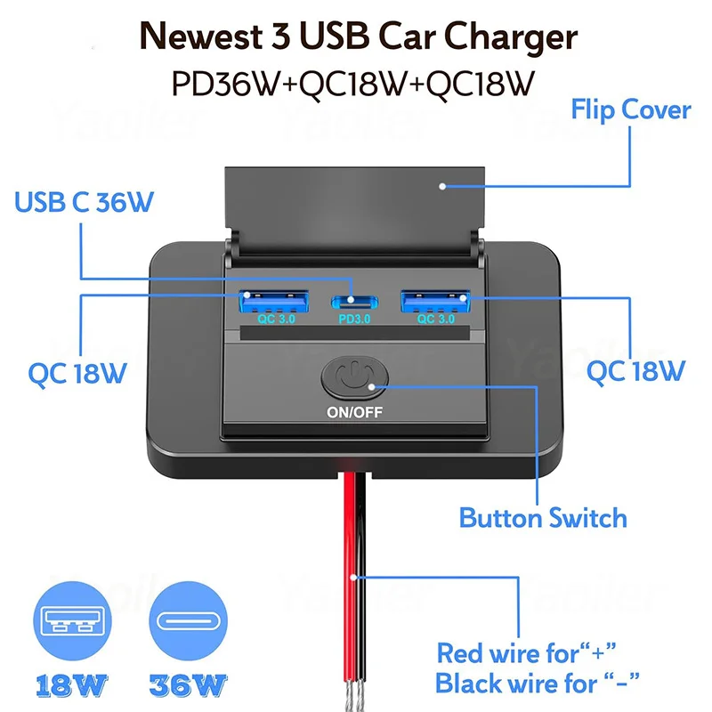 12V PD USB C 충전 어댑터 18W QC3.0 USB A & PD 타입 C 스위치형 전원 소켓 포트 (자동차, 선박, 보트, RV, 트럭, 버스용)