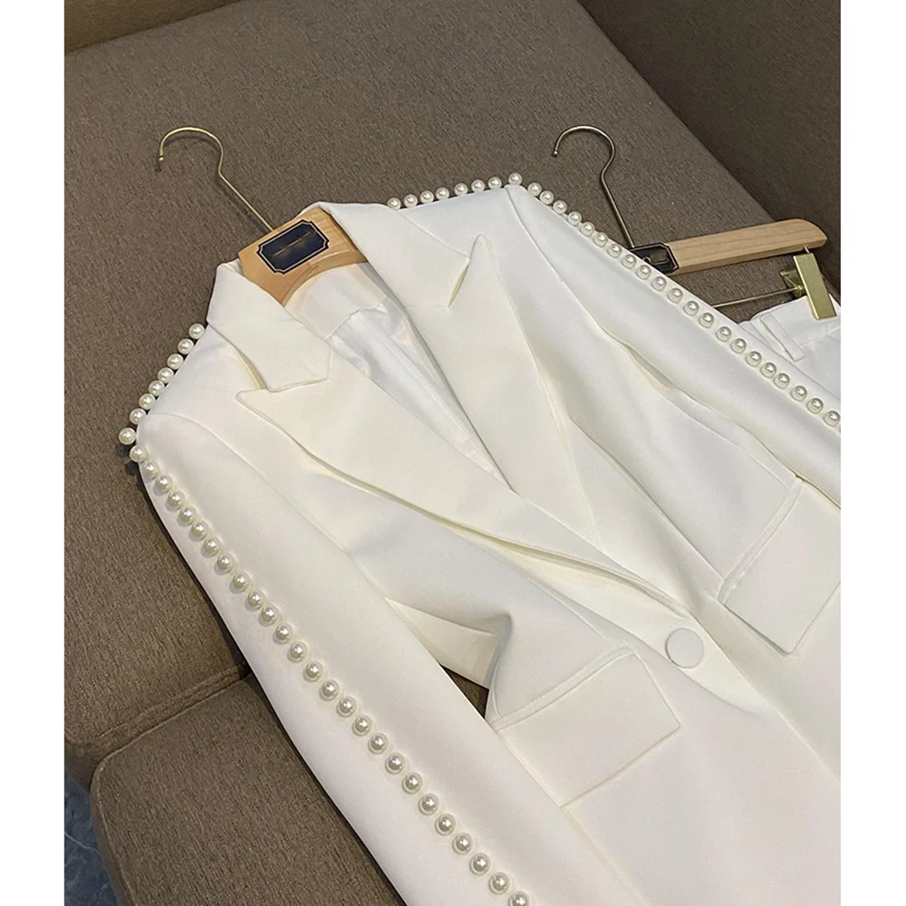 Luxury Pearls Women Pants Sets 2 Piece White Peak Lapel Single Button Wear Fashion Elegant Wedding Party Office Lady Suits 4