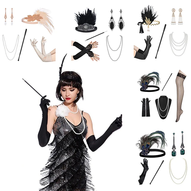 1920s Flapper Accessories Gatsby Costume Accessories Set, Headband Bracelet  Pearl Necklace Gloves Plastic Holder Earrings