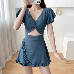 2023 Solid Color Hollow Out Slimming Conservative Sexy Solid Color Short Sleeve V-Neck Folds Ruffles Women's Clothing Swimwears