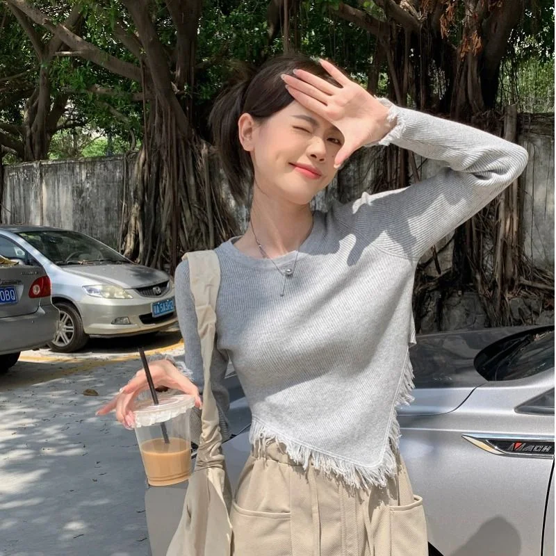 

Irregular Spice Girl Unique Grey Long Sleeve Undercoat Women's Autumn and Winter 2022 New Design Slim Short Top