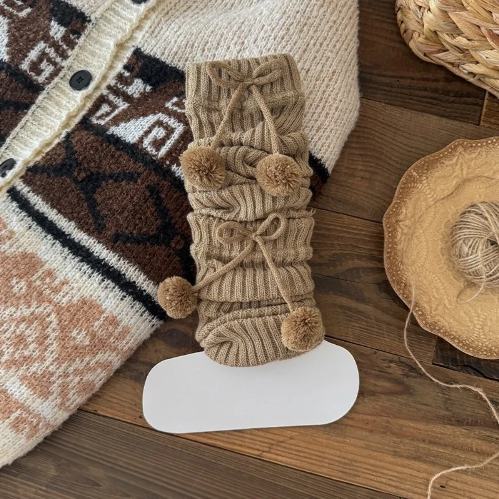 Winter Frauen Beinlinge Strumpfwaren Einfarbig Mid-Kalb Socke Gestrickte Bogen Pompom Haufen Socke Mittelrohr Socken Harajuku boot Abdeckungen – Detail 6