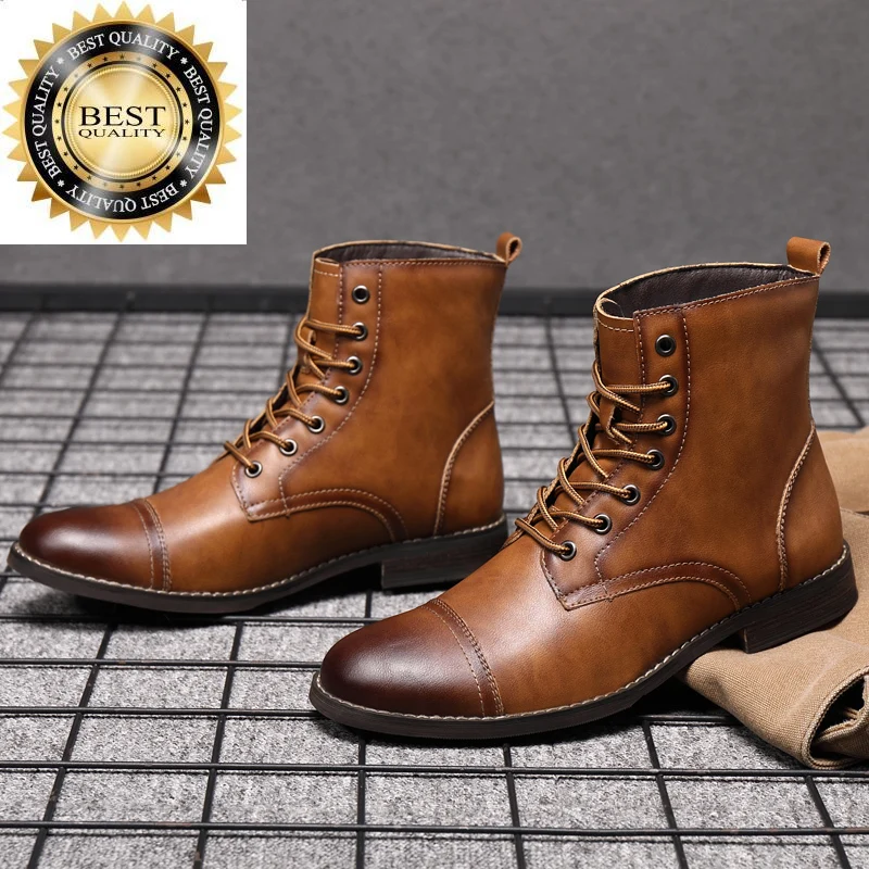 

Cowboy Brand Retro Brown Men's Boots Big Size 48 Pointed Leather for Lace-up Platform Ankle botas vaqueras