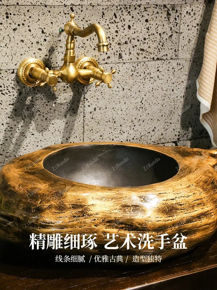 ~New Chinese solid wood combination bathroom cabinet balcony cabinet washbasin retro washbasin floor bathroom basin