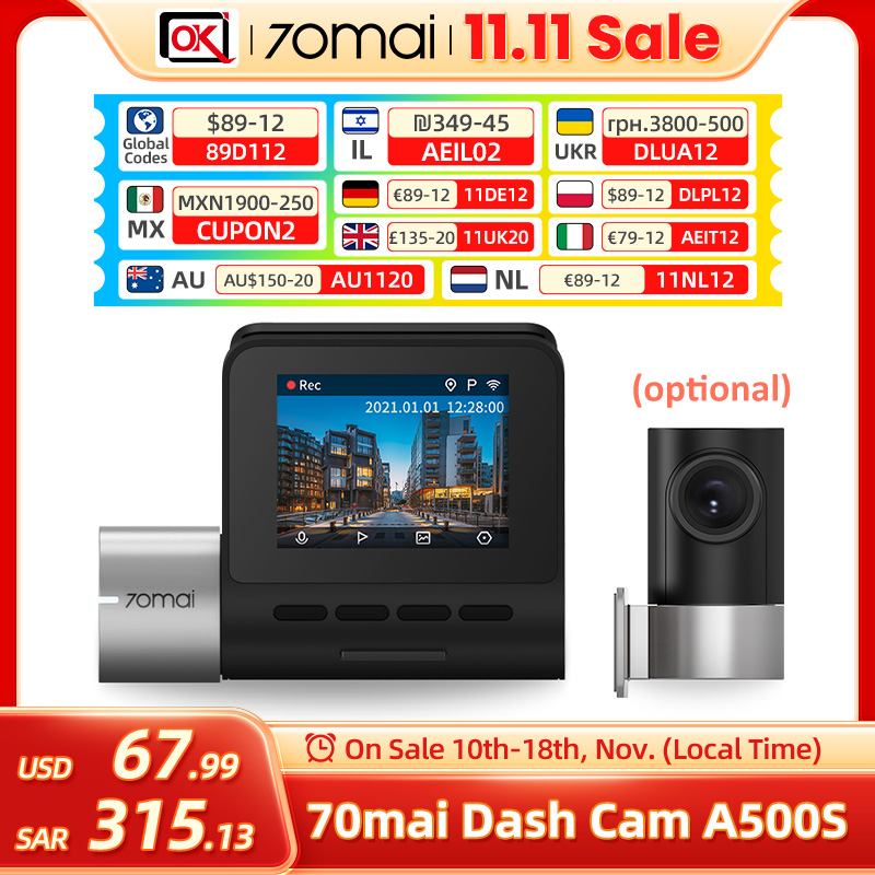 70mai Dash Cam Pro Plus A500S Built-in GPS ADAS,wifi Car DVR 1944PHD Recoeding Support Rear Cam 24H Parking Monitor,Night Vision