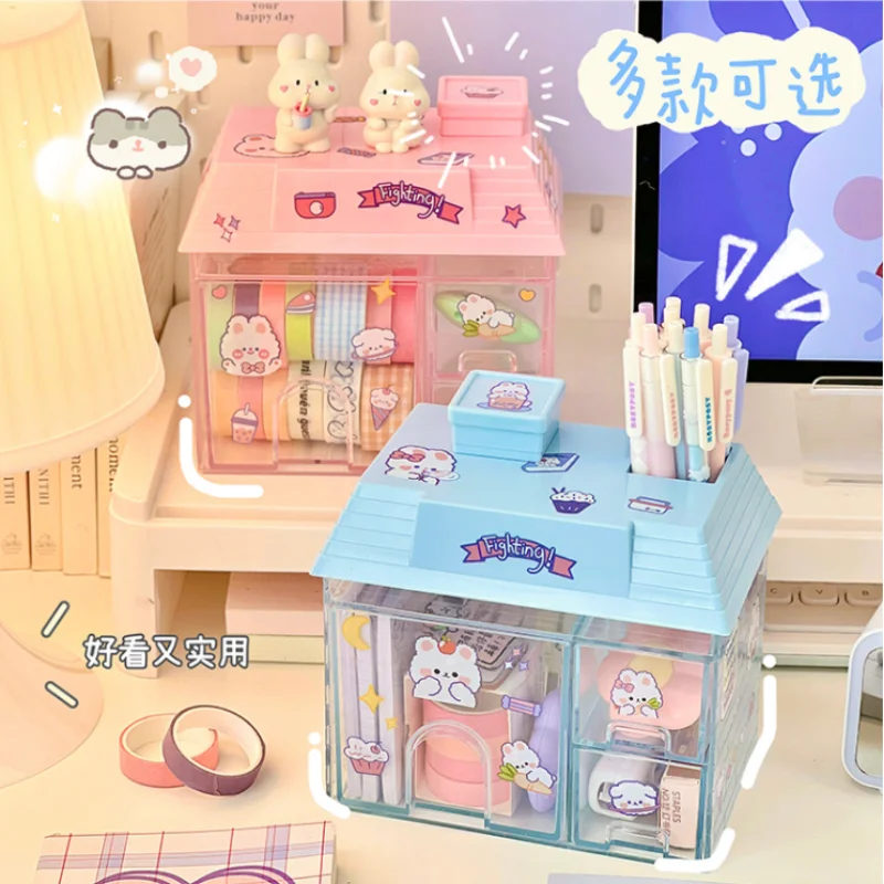

Creative Cute Little House Pen Holder Student Dormitory Desk Stationery Organizing Shelf Drawer Transparent Desktop Storage Box