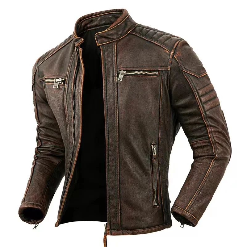 Cowhide Genuine Leather Jacket Men's Fashion Retro Old Collar Biker Jacket Spring And Autumn