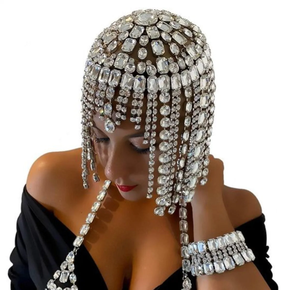 

Luxury Crystal Square Tassel Hair Chain BridaHeadpiece for Women Rave AccessoriesRhinestone Geometric Head Chain Hat Jewelry