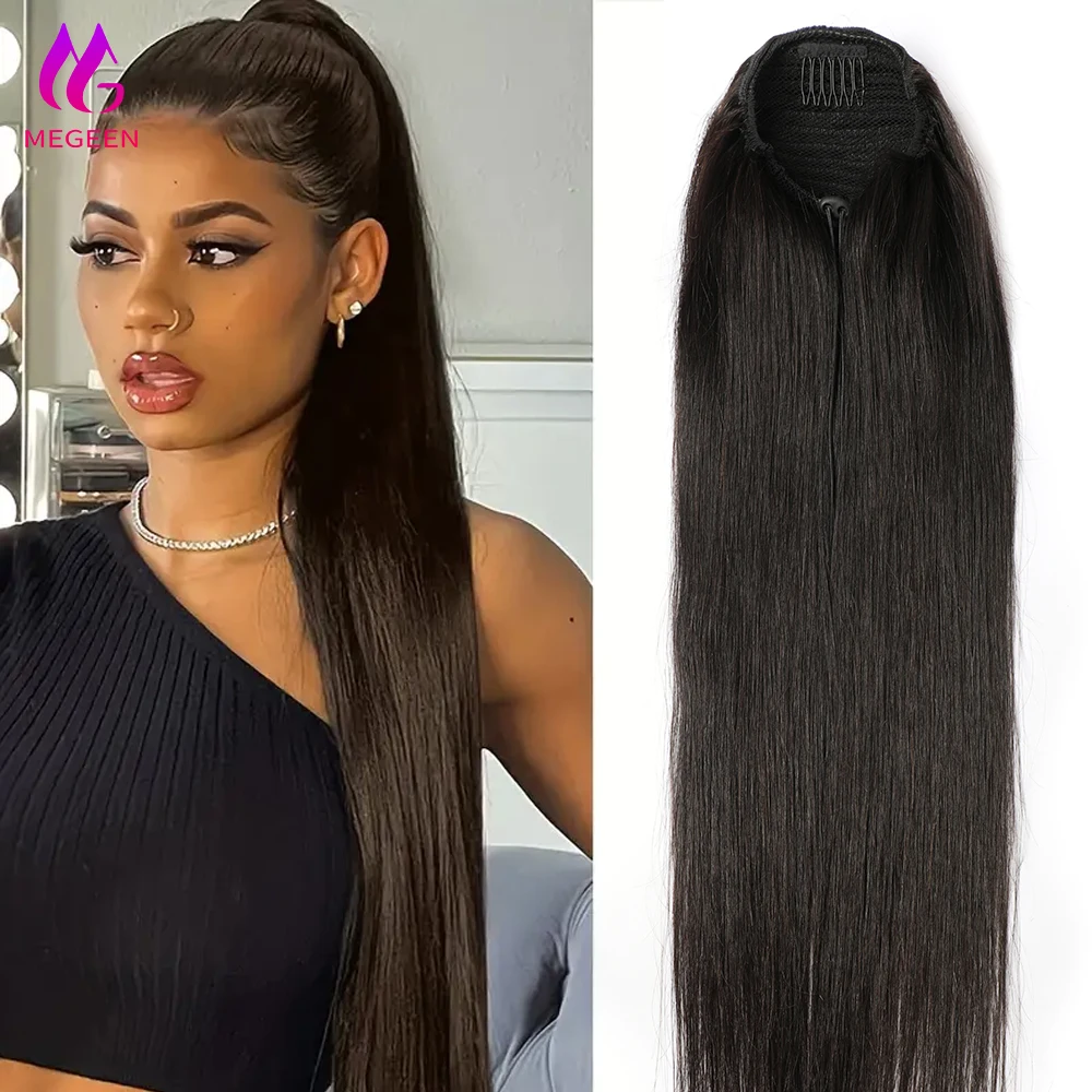 Megeen Straight Drawstring Ponytail Extensions Human Hair 10-24Inch Brazilian Natural Black Ponytail For Women 2 Combs 1Pcs 100G