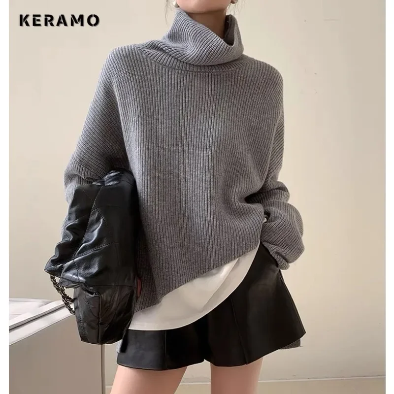 

Women's Vintage Knitting Long Sleeve Casual Pullovers 2023 Winter Fashion Solid Jumpers Turtleneck Ladies Loose Female Sweater