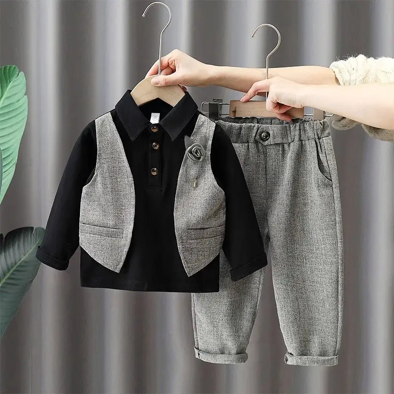 

3 PCS set Spring Summer Boy Clothing set Casual vest+ Tshirt+ Pant Kid Children baby toddler boy Gentleman clothes 2-10 years