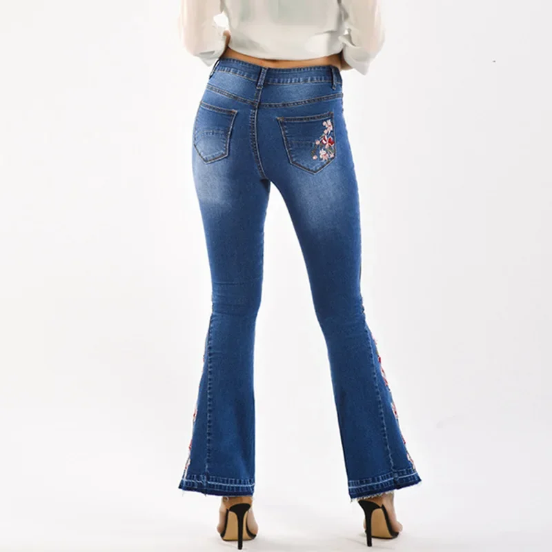 플레어 청바지 여성 스트레치 데님 바지 자수 꽃 바지 빈티지 의류 Pantalones De Mujer Pantalon Femme 3xl XXXL