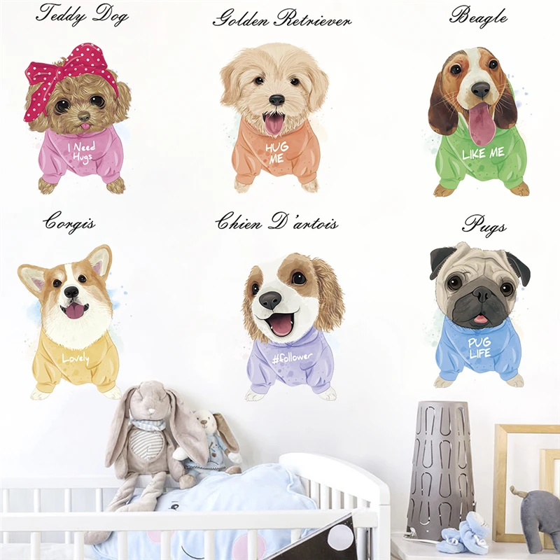 

Cute Pugs Beagle Corgis Dogs Wall Stickers For Kids Bedroom Home Decoration Diy Cartoon Animals Mural Art Pvc Decals Pet Poster