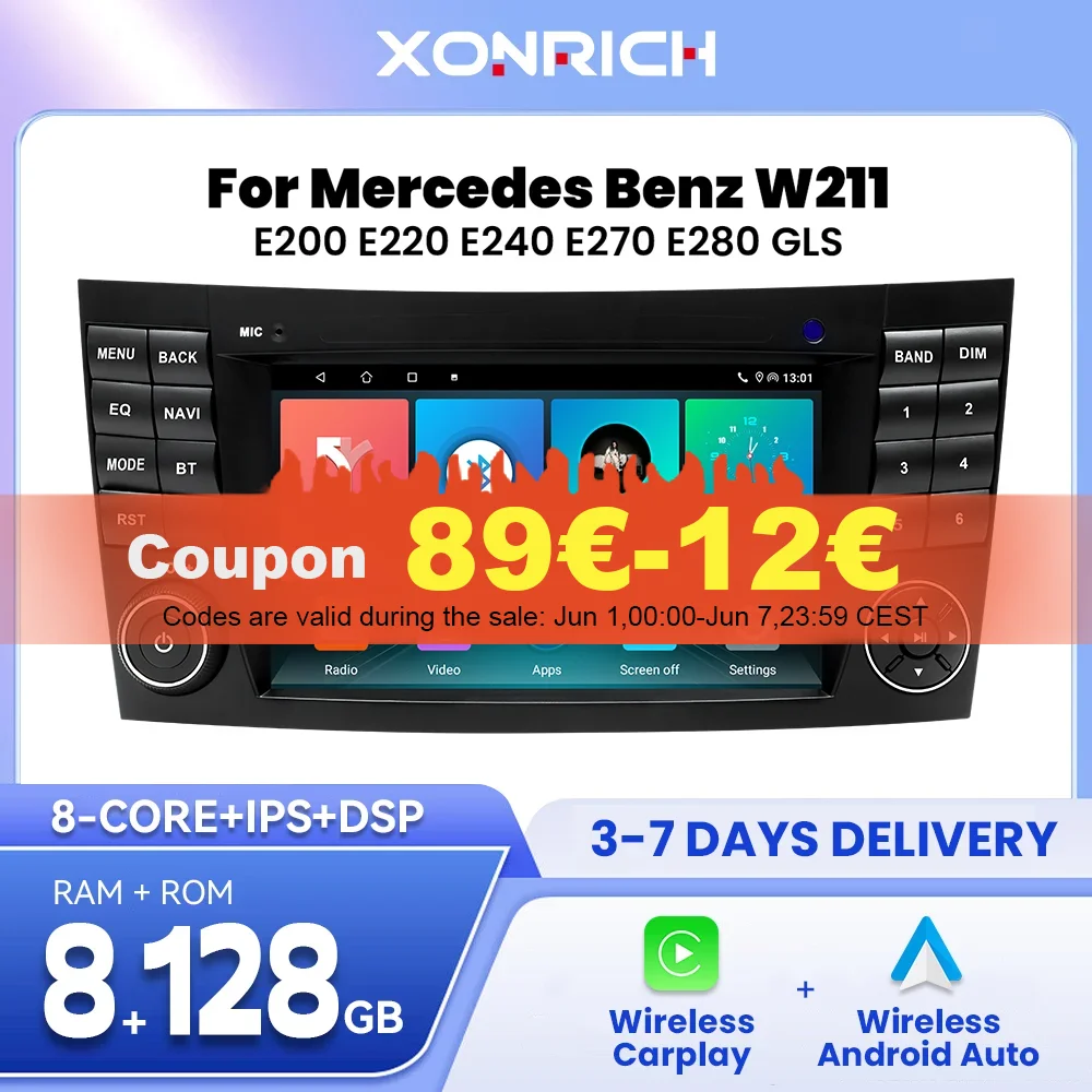 Reproductor de Radio inalámbrico para coche, Carplay, Android, DSP, para Mercedes Benz Clase E W211, E200, E220, E300, E350, E240, E270, E280, CLS class, W219