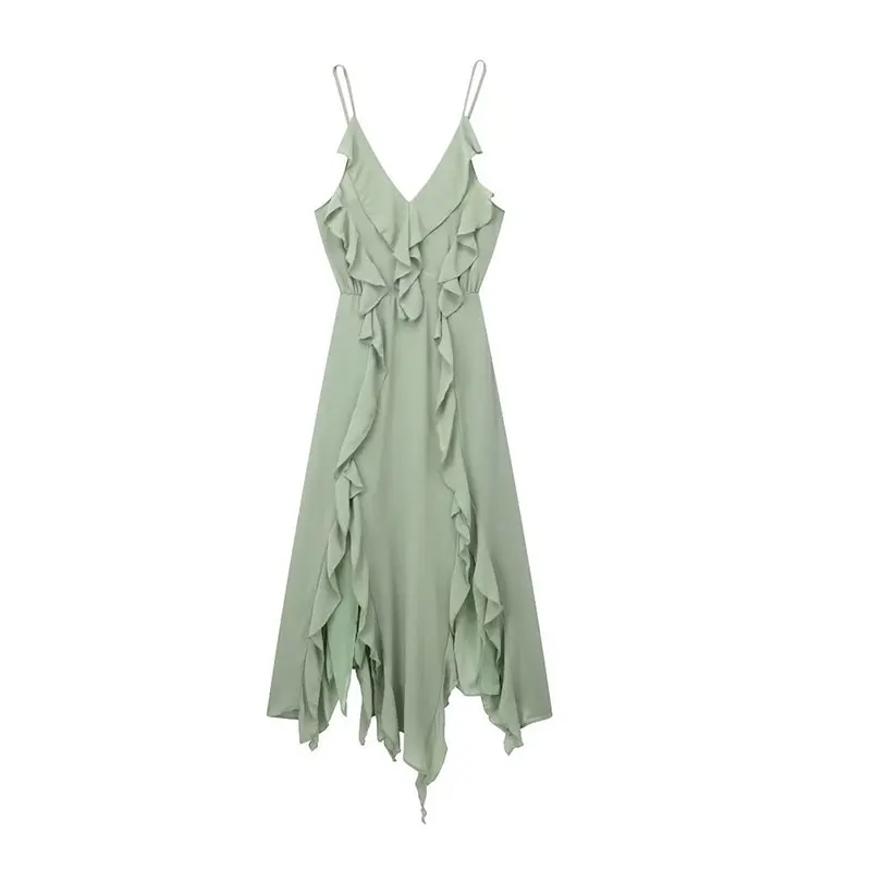 Sexy Green Asymmetric Ruffle Female Dress Fashion V Neck Sleeveless Backless Sling Dresses 2023 Summer Women High Street Vestido