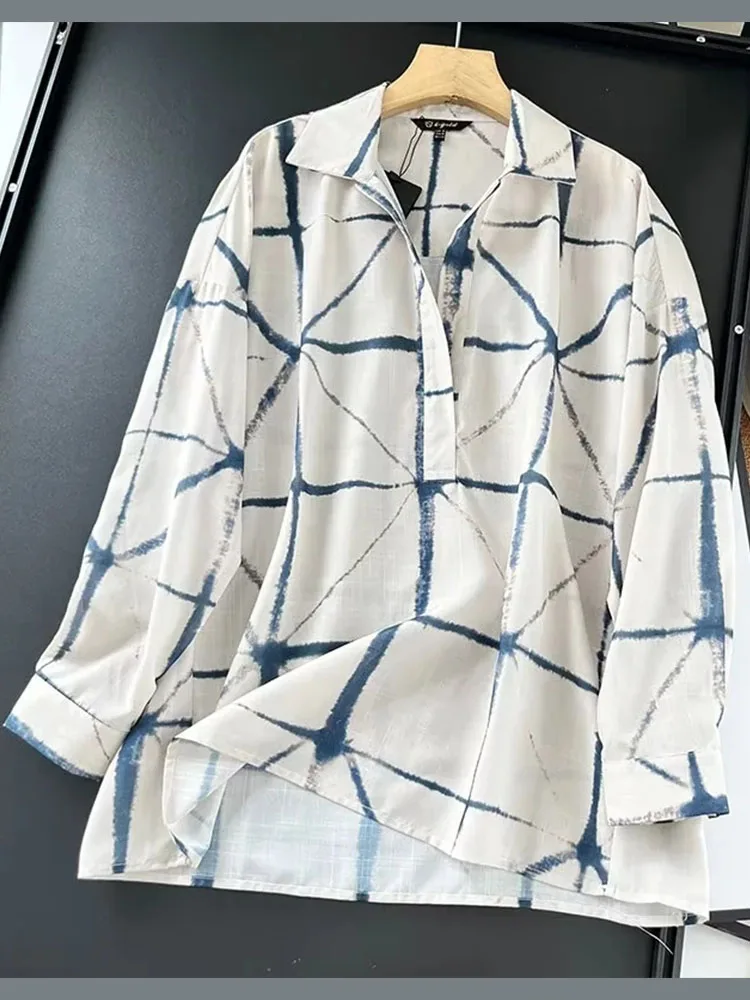 

TRAF 2023 summer new women's fashion and comfort pure ramie thin collar printed long-sleeved shirt