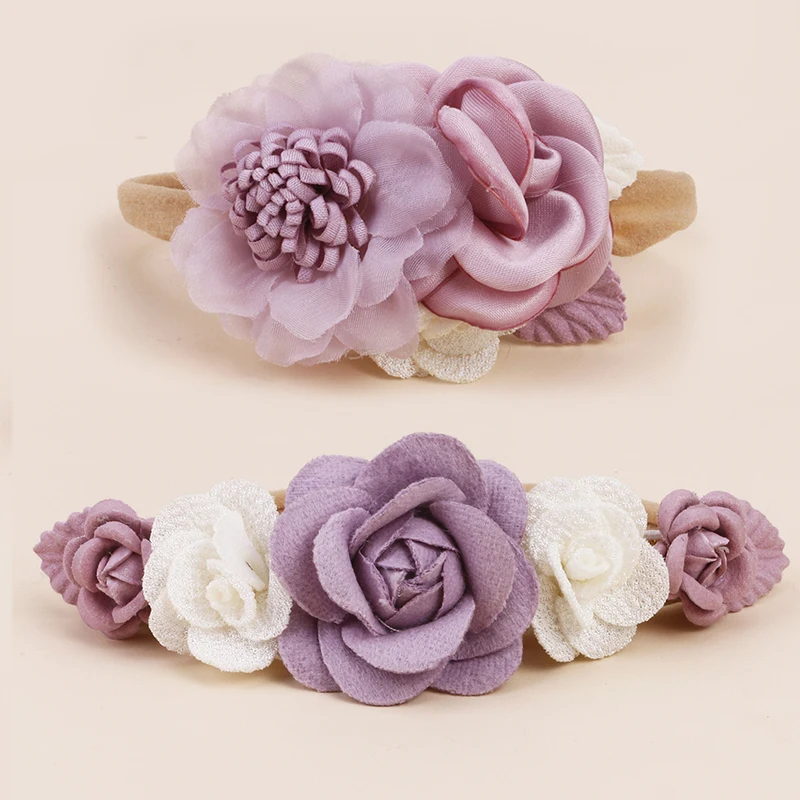Popular Beautiful Spring Rose Blossoms Pink Purple Green Blue Handmade Nylon Headband for Girls Daily Matching with Party 2pcs 4