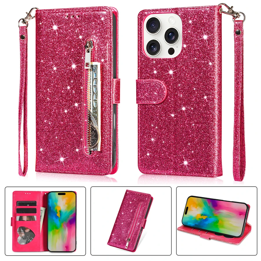 Glitter Zipper Magnetic Flip Leather Wallet Case with Card Slot and Hand Strap