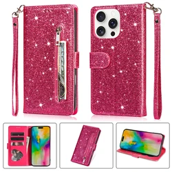 Glitter Zipper Magnetic Flip Leather Wallet Case with Card Slot and Hand Strap for iPhone SE (2025) (Rose red)