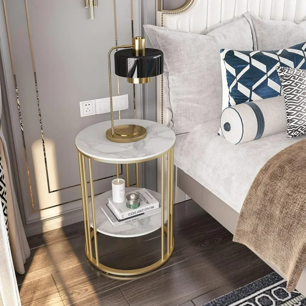 2 Tier Round White Sofa Side Table-Small Coffee Table with Golden Frame-Modern Bedside Nightstand for Living Room Bedroom
