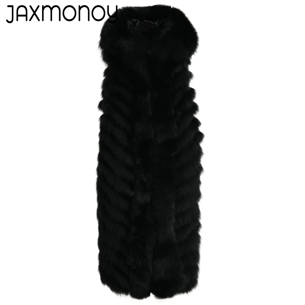 

Женский зимний жилет Jaxmonoy из натурального Лисьего меха, однотонная длинная Двусторонняя куртка без рукавов из натурального меха с 100% шелковой подкладкой, новинка 2022