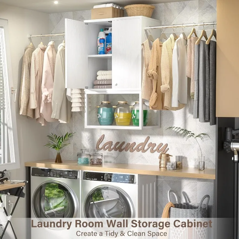 Wall Cabinet with 2 Hanging Rods, 67'' Wide Laundry Wall Cabinet with 2 Doors, Open Rack & Adjustable Inner Shelf 3