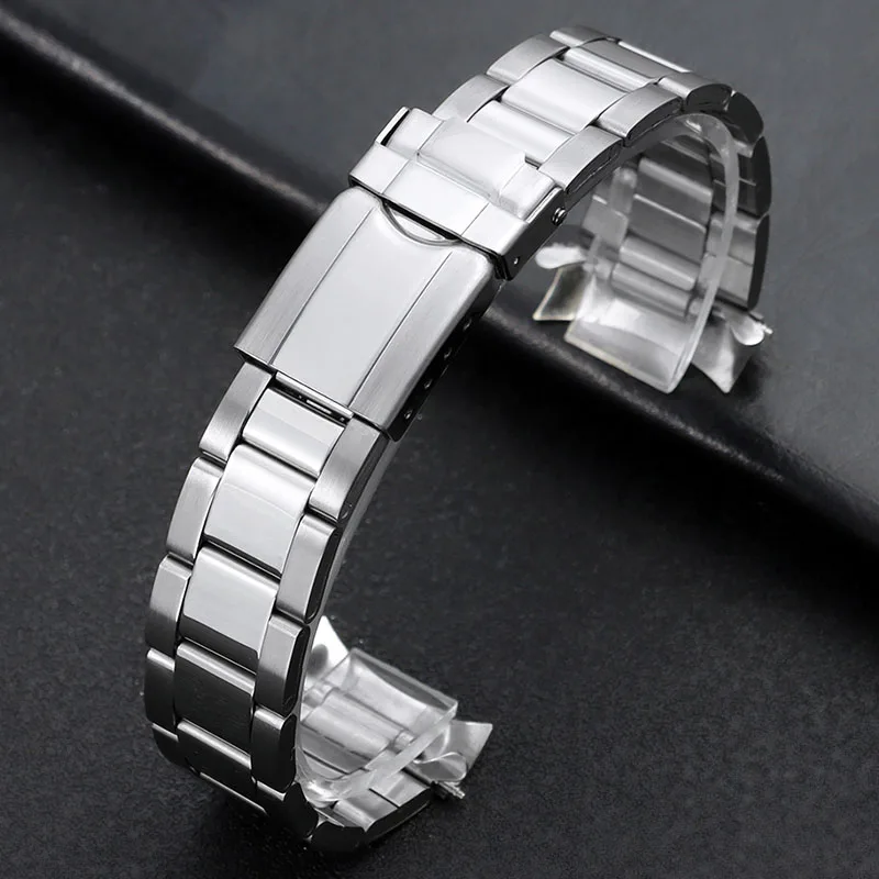 Elegant Curved End Stainless Steel Watch Band with Deployment Clasp - Durable Metal Strap