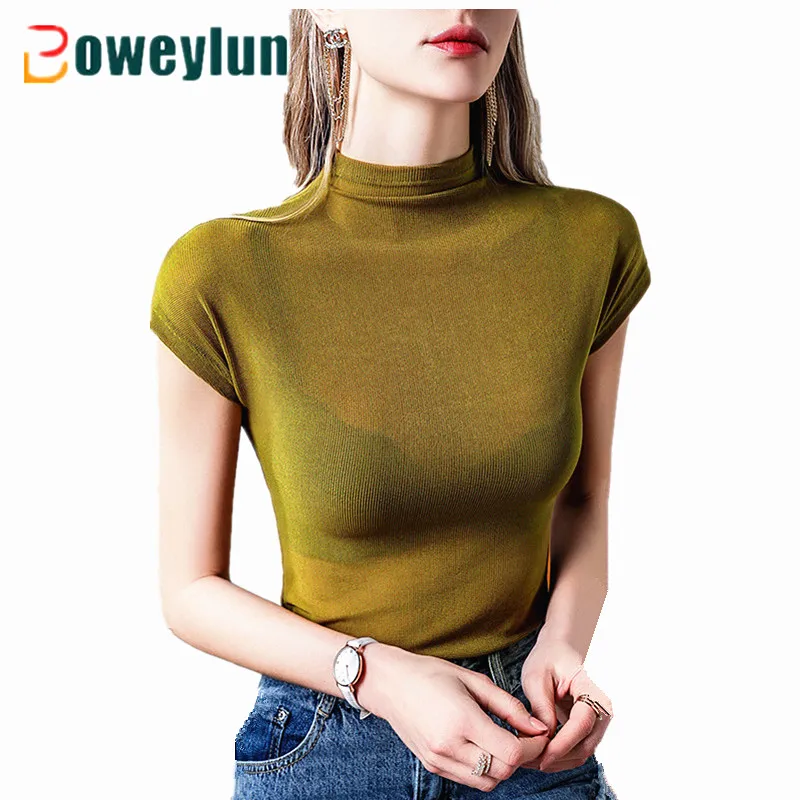 

Boweylun New Solid Color See-Through Stand-Up Collar T-shirt Women Wrap Sleeve Breathable Casual Half High Neck Short Sleeve
