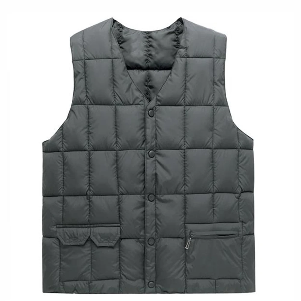 Description Picture 2 of itemMan Autumn Hot Sale Casual V-neck Single Breasted Solid Waistcoat Men Winter Zip Pocket Warm Down Vest Male Outerwear