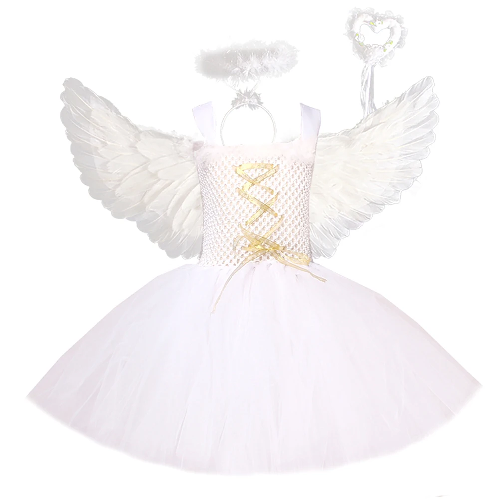 White Angel Heaven Christmas Fancy Dress Up Costume For Girls Cosplay Halloween Party Tutu Dress Princess Fairy Kids Outfit