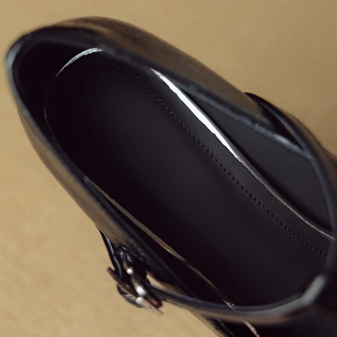 Women's genuine leather pointed toe metal buckle slip-on t-strap pumps elegant ladies 7.5cm thin high heeled daily dress shoes photo