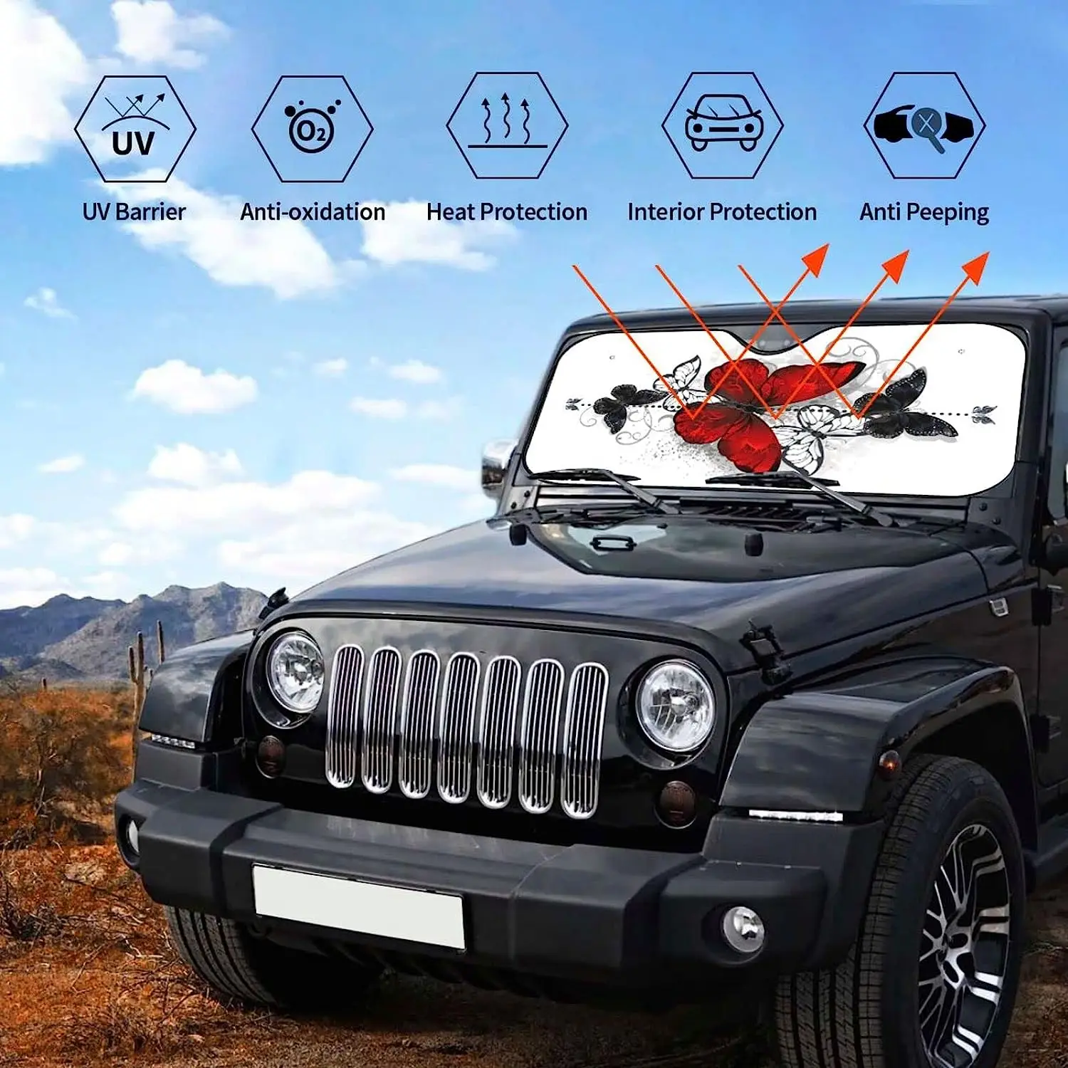 Red and Black Butterfly Windshield Sunshade for Car SFolding Car Sun Shade for Front Window Auto Sun Visor Heat Protection