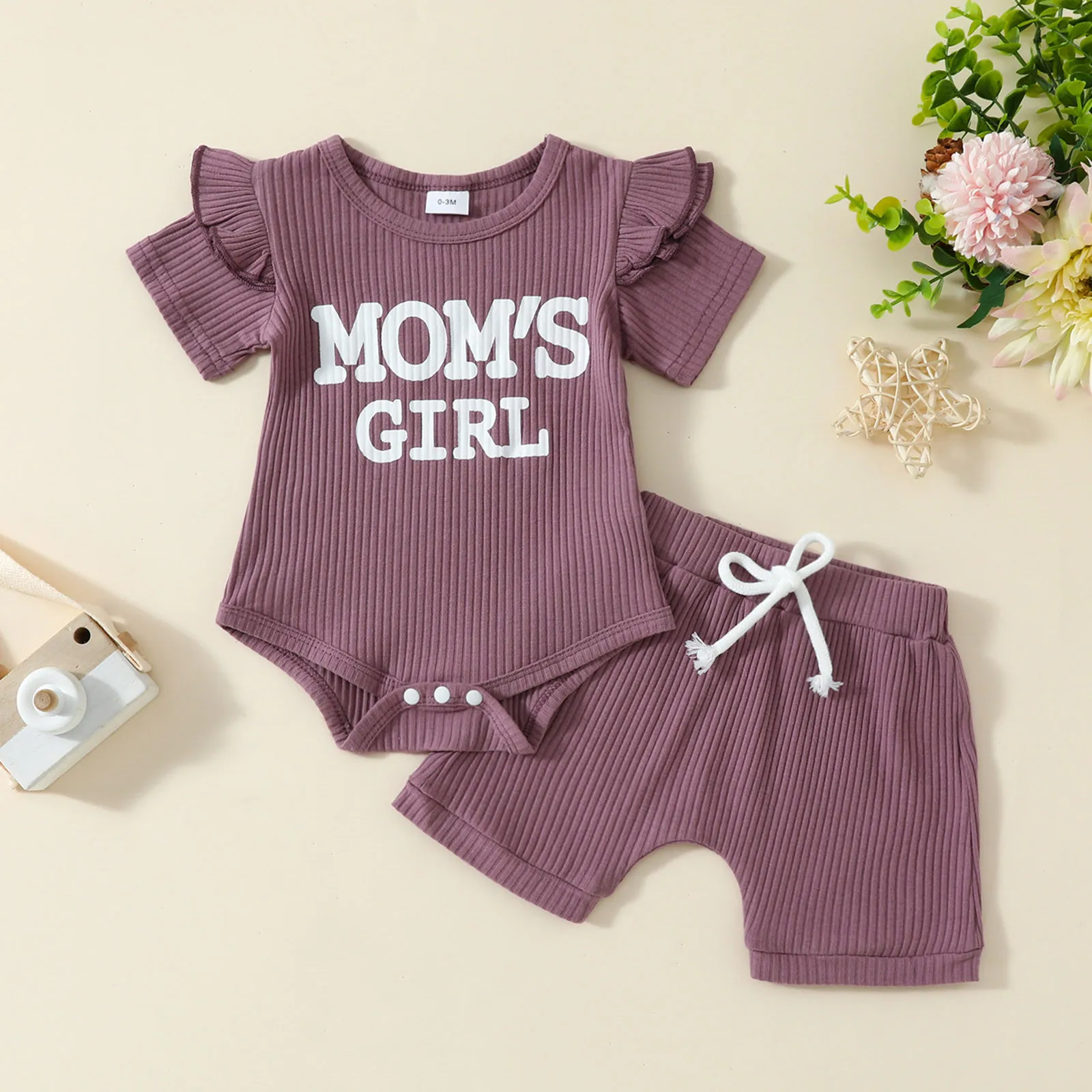 

0-18M Summer Newborn Baby Girls Clothes Sets Ribbed Ruffles Short Sleeve Letter Print Bodysuits+Shorts Two Pieces Baby Clothing