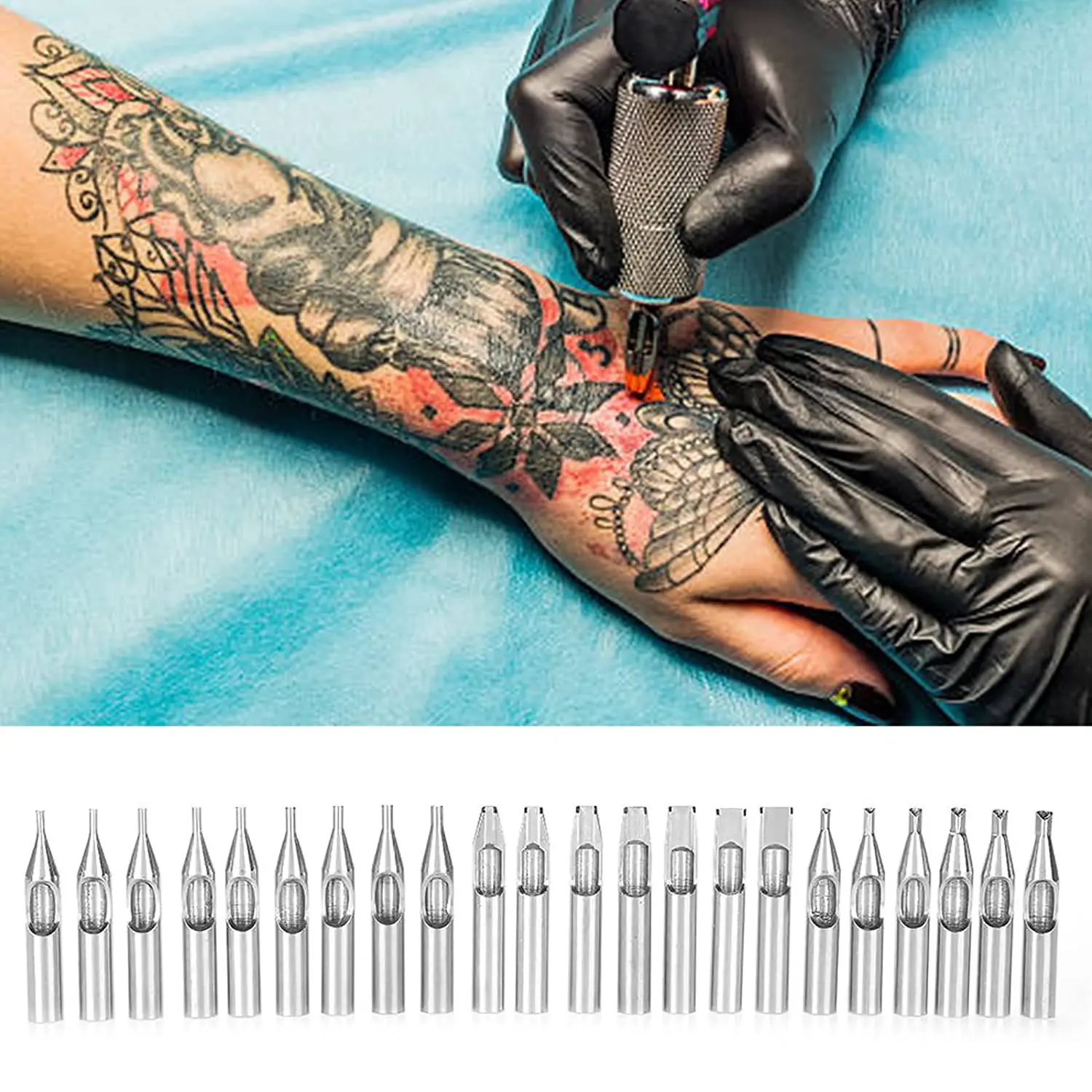 Disposable Tattoo Tips 22/11pcs Stainless Steel Tattoo Tips Set Mixed RT FT DT Round Flat Diamond Assorted Types Tattoo Tip Tube Kit for Machine