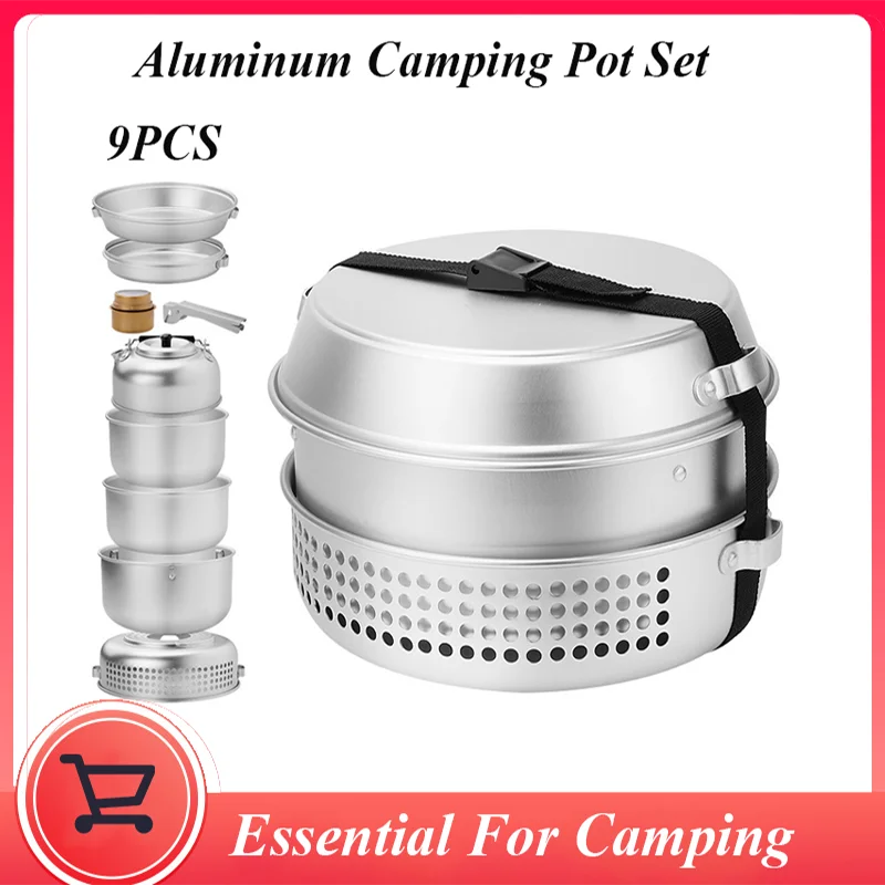 Aluminum Camping Pot Set 9pcs Windproof Folding Cookset Camping Kitchen