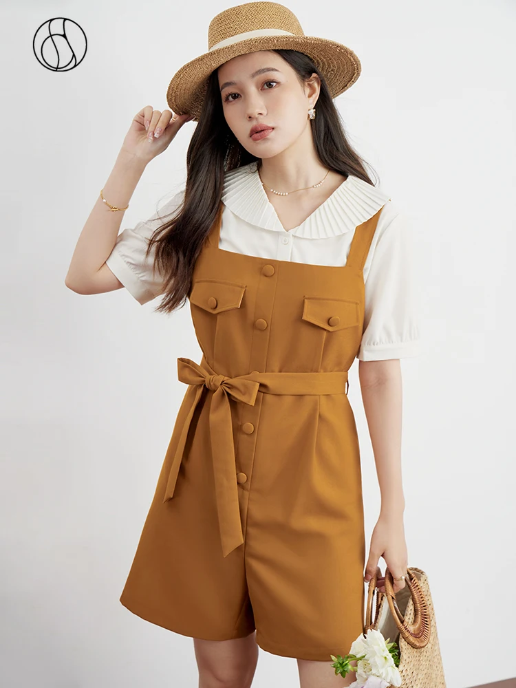 

DUSHU Women Simple Commuter Short Strap Pant Summer 2023 Casual Loose Waist Pullover Pants Dark Khaki Women Rompers