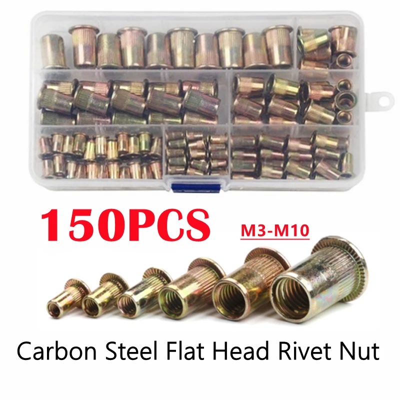 

150/93PCS M3 M4 M5 M6 M8 M10 Multi-size Carbon Steel Rivet Nut Zinc Plated Flat Head Threaded Blind Rivet Nut