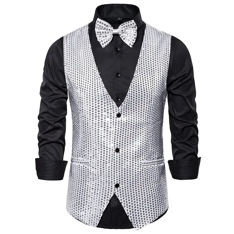 2PC Sequin Vest Man with Bowtie Party Wedding Gold Waistcoat Vest Men Set For Party Nightclub