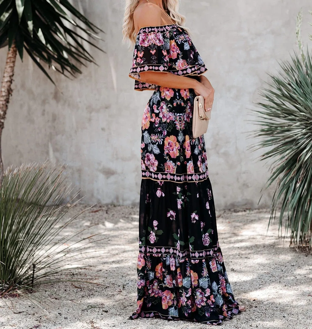 Flower Print Off Shoulder Long Dresses For Women Spring Summer New Fashion Temperament High Waist Leace-up Dress Female Vestidos 37 undefined