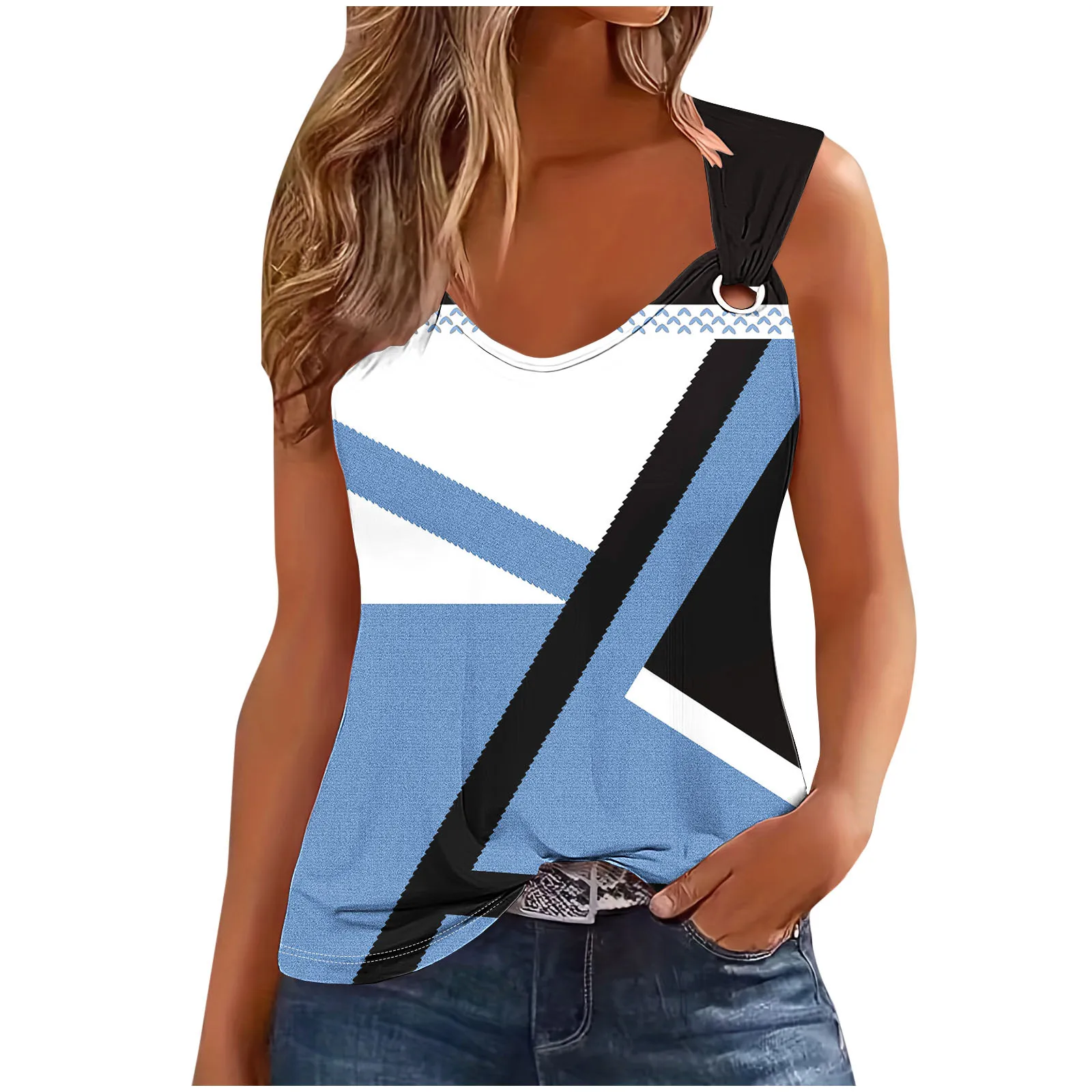 

Women's Summer Fashion 3D Print Tshirt Casual Geometry Print T Shirts For Women 2024 Sleeveless Hollow Out T-shirt Tank Tops
