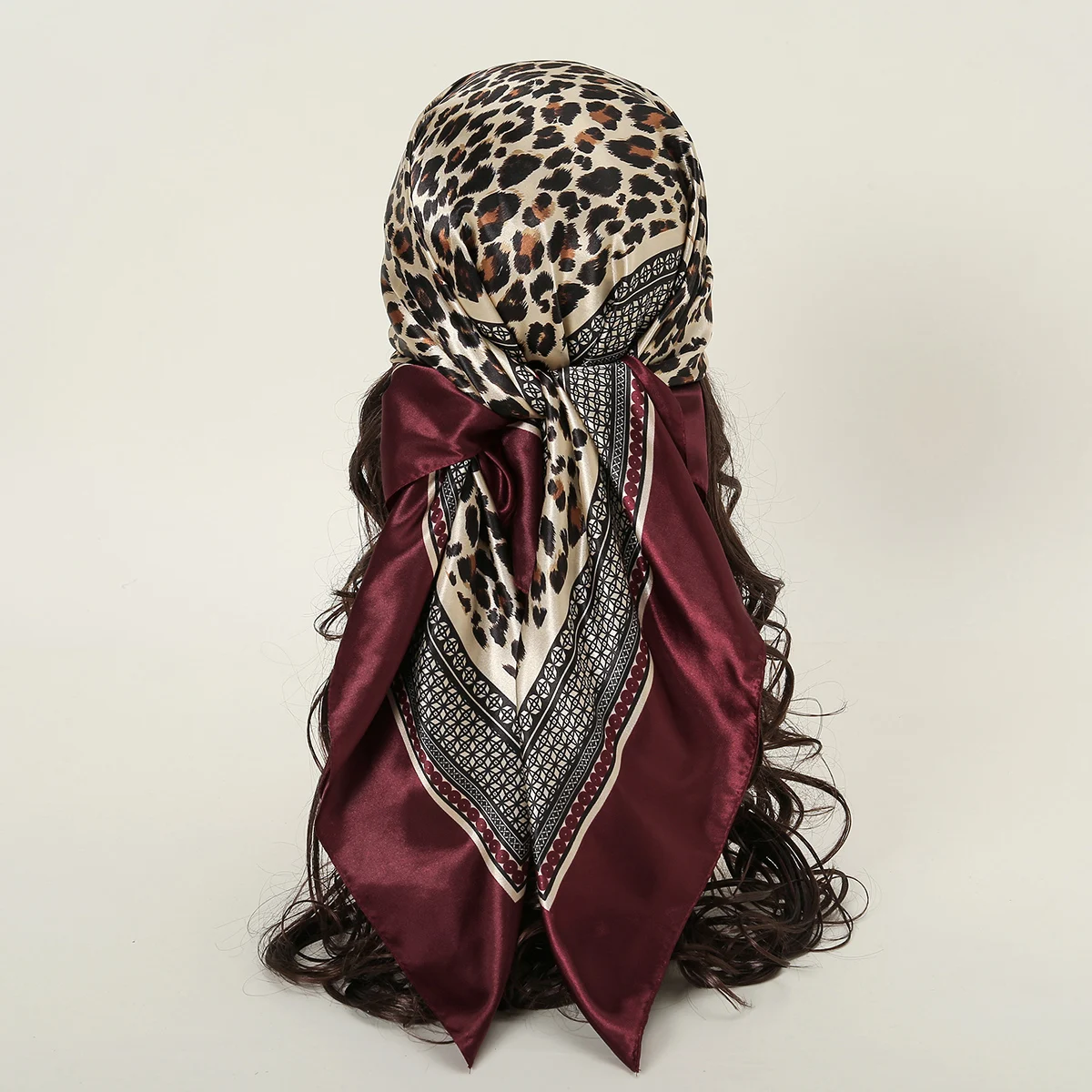 90cm Leopard Print Square Scarf Satin Silk Headband Muslim Woman Hijab Lady Fashion Hairwrap Rock Style Headscarf Islam Turban