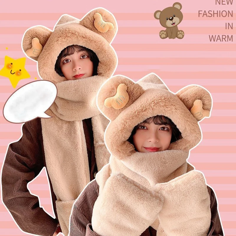 

Thickened Plush Women Hat Gloves Scarf Set Cute Ear Girls Caps Ear Protection Hats Warm Winter Solid Color Beanies Party Gifts