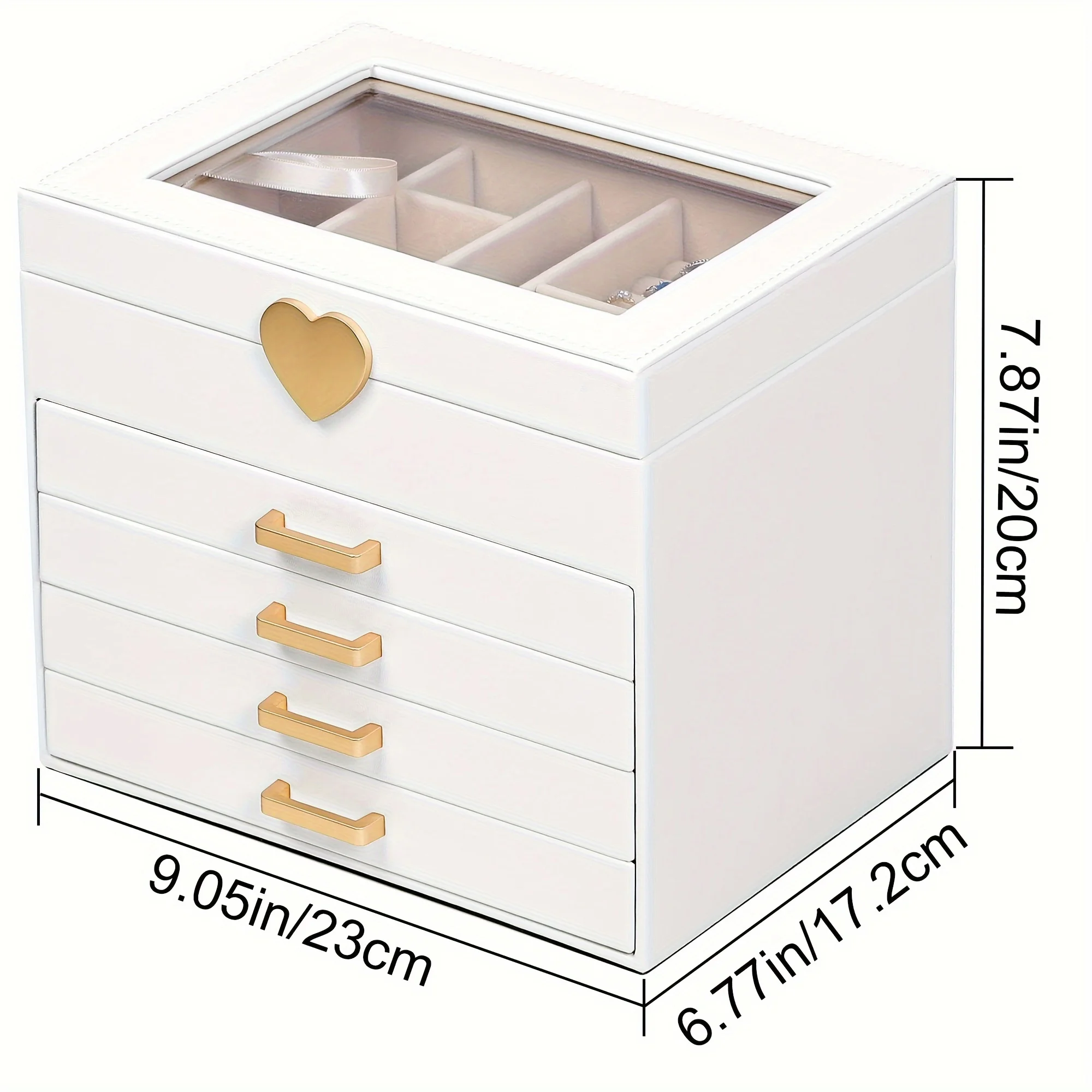 Jewelry Box 5-Layer Organizer Box with Glass Lid Brass Gold White Heart Shaped Storage Box Necklace Earrings Ring Bracelets Gift 5