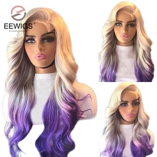 Body Wave Synthetische Ombre Paars Colroed 30 Inch Hittebestendige 13X4 Onzichtbare Lace Front Drag Queen Cosplay Pruiken voor Vrouwen
