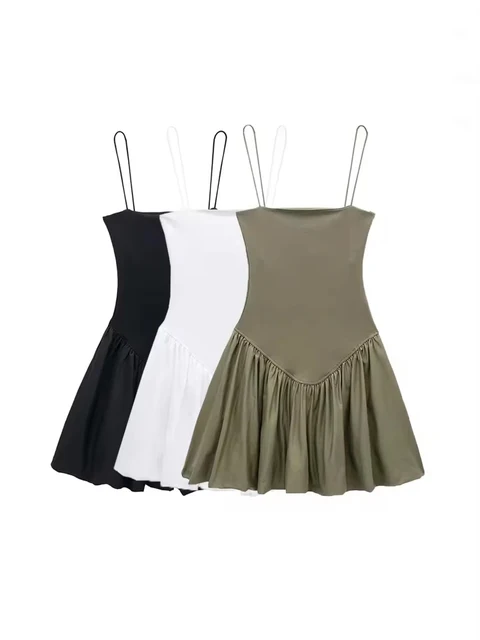 Women's Patchwork Ribbed Poplin Puff Mini Dress, Straight Neck, Thin Straps, Female Dresses, Sexy Fashion