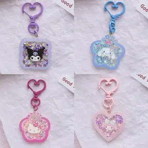 kawaii Sanrio Kuromi Hello Kitty Keychain Car Keyring Cute Cinnamoroll Quicksand Sequins Luminous Portable Pendant Accessories