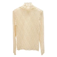 White Lace Base irt Women's Spring Summer Faionable Hollow out Me Top High Collar Net irt Sweet Sle Long Sve Sli... - Image 5