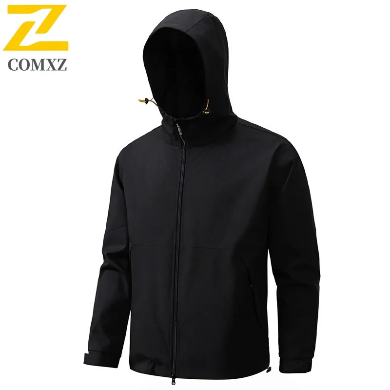 COMXZ Outdoor Hooded Jacket 2025 Men Simple Hiking Travel Motorcycle Coat Daily Style Windproof Durable Autumn Zipper Clothing