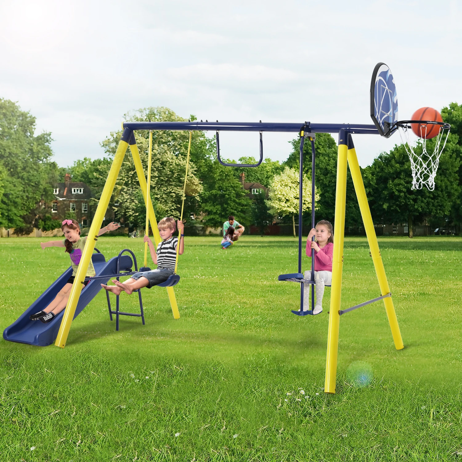 

5 in 1 Outdoor Toddler Swing Set for Backyard, Playground Swing Sets with Steel Frame, Swing n' Slide Playset for Kids with Sees